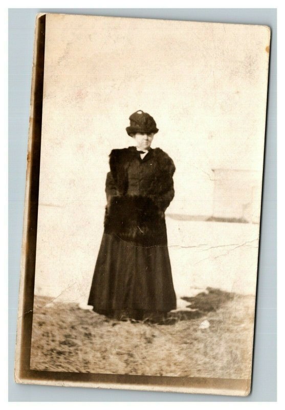 Vintage 1910's RPPC Postcard - Woman on Snowy Field Farmhouse in Distance