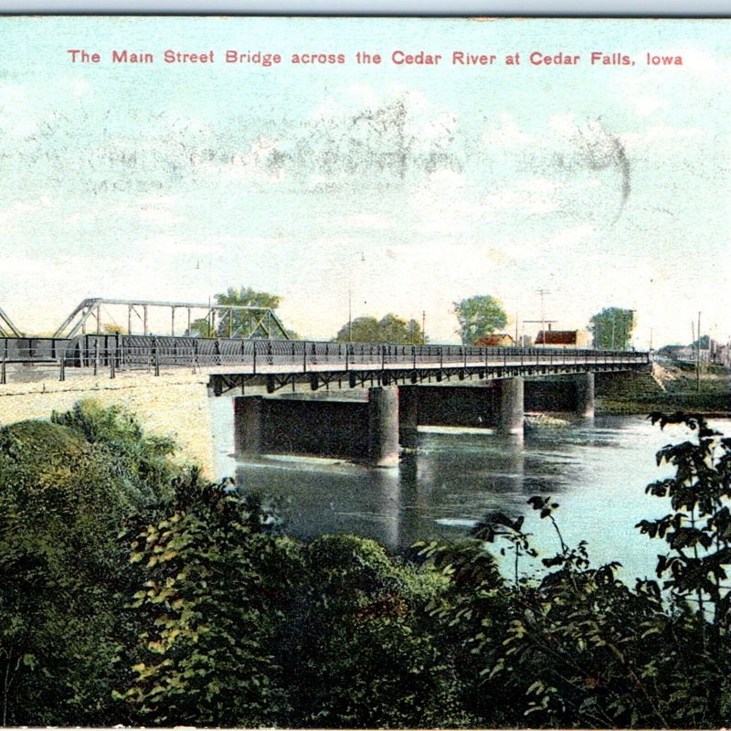 c1910s Cedar Falls, IA Cedar River Main St & Railroad Bridges Postcard Cute A62
