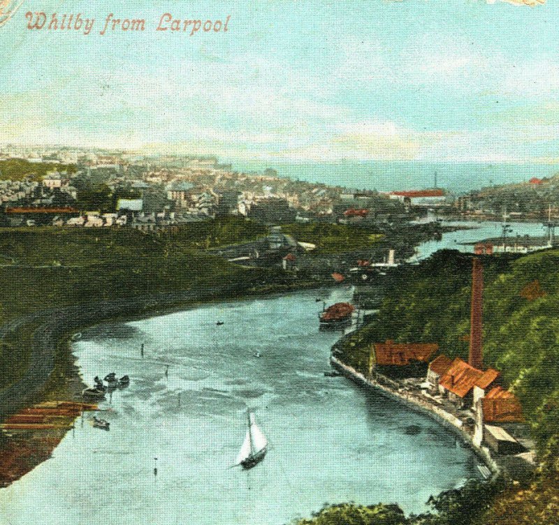 WHITBY Larpool Viaduct Aerial View Sailboats River Esk North Sea Vtg Postcard