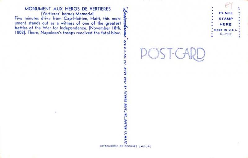  Haiti Postcard Monument Aux Heros de Vertieres 