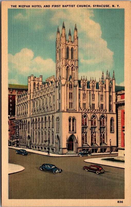 Vtg Syracuse NY Mizpa Hotel and First Baptist Church 1930s Unused Linen Postcard