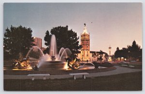 State View~Swanson Bldg~Giralda Tower @ Night~Fountain~Kansas City MO~Vtg PC