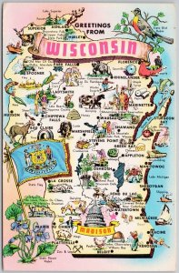 Greetings from Wisconsin State Map WI Badger State Unused Vintage Postcard H62