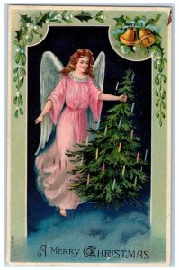 1908 Christmas Tree Candles Floating Angel Mistletoe Bells Embossed Postcard