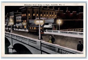 c1910 Milwaukee Street Bridge Night Streetcar Janesville Wisconsin WI Postcard