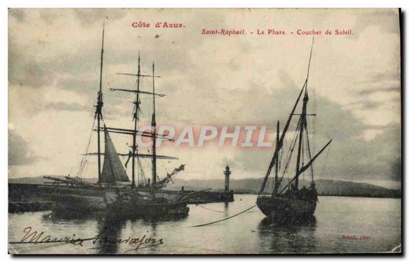 Old Postcard Saint Raphael Le Phare Coucher De Soleil Yacht