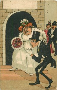 Comic wedding groom and bride caricature misoginism humour vintage postcard 