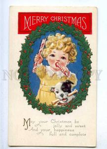 187116 X-mas CHRISTMAS Girl w/ TERRIER Dog Vintage EMBOSSED PC