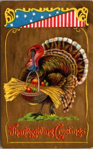 Patriotic Thanksgiving PC Turkey Holding a Basket Filled with Wheat and Fruit