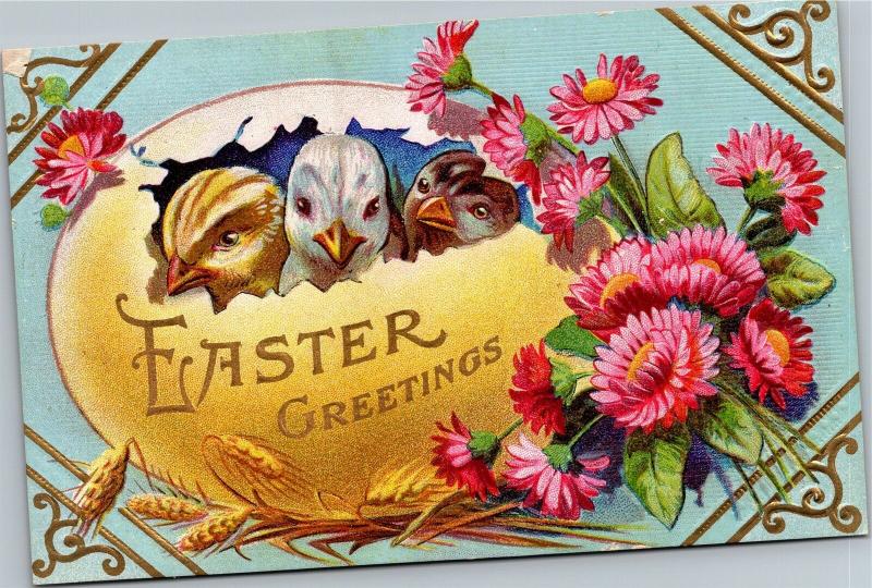 Three Chicks in an Egg, Easter Greetings Vintage Postcard M14