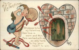 VALENTINE Distraught Cupid w Arrows Tries to Pierce Door c1910 Postcard