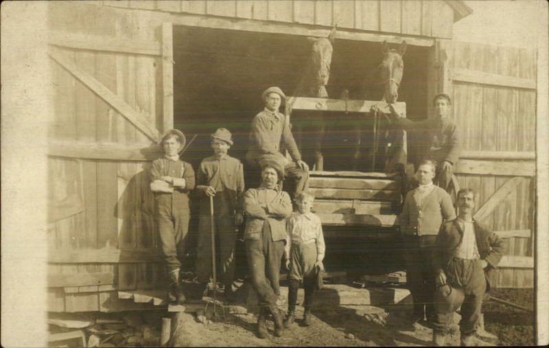 Men Workers Labor Horse Team Barn Pitchfork c1910 Real Photo Postcard