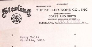 1936 THE KELLER-KOHN CO COATS AND SUITS CLEVELAND OHIO BILLHEAD STATEMENT Z417