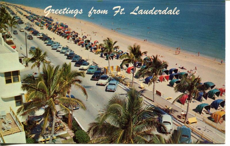 Ft. Lauderdale Florida FL - Beach Scene Cars Water - 1967 Postcard - 508