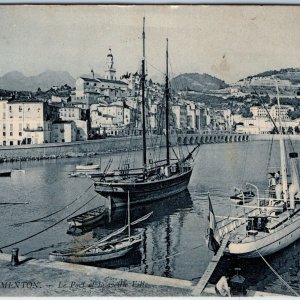 1909 Menton, Alpes-Maritimes, France Port Postcard Sailboat Steamship A76