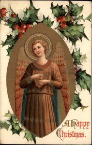 Nister No. 2376 Christmas Art Nouveau Angel Halo Holly Border c1910 Postcard