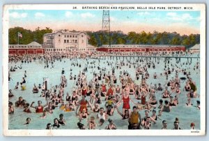 Detroit Michigan Postcard Bathing Beach Pavilion Belle Isle Park Exterior c1928