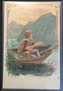 Postcard Unused Young Boy Boat musical instrument LB