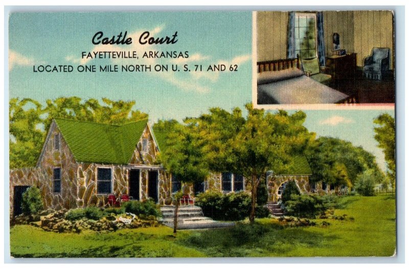 c1940 Castle Court & Restaurant Multiview Bedroom Fayetteville Arkansas Postcard