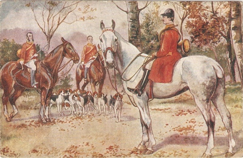 Hunting scene. Horsemen,  dogs Old vintage Dutch postcard