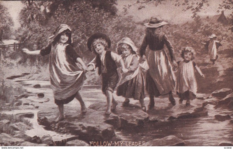 Follow - My - Leader, Children holding hands crossing a creek, PU-1912