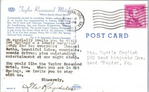 HOT SPRINGS NATIONAL PARK, AR ~ Roadside TAYLOR ROSAMOND MOTEL  1963  Postcard
