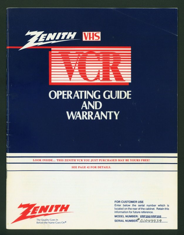 Zenith VHS VCR Vintage ©1989 Operating Guide And Warranty Book