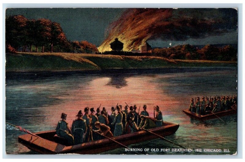 1812 Burning Of Old Port Deathorn View Chicago Illinois Posted Soldiers Postcard