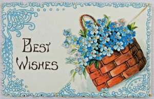 Vibrant Blue Best Wishes Woven Basket Flowers Border Design - Vintage Postcard