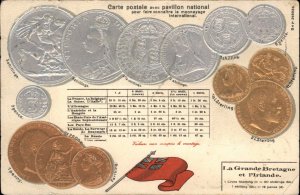 Ireland Embossed Coins Currency Money La Grande Bretagne c1910 PC