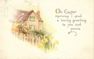 Cottage. Garden's flowers Old vintage American Easter Greetings PC.