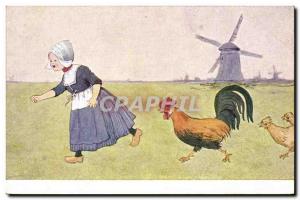 Old Postcard Windmill Child Rooster