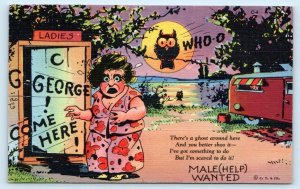RAY WALTERS Comfort Comics OUTHOUSE, CAMPING TRAILER Owl c1930s Postcard