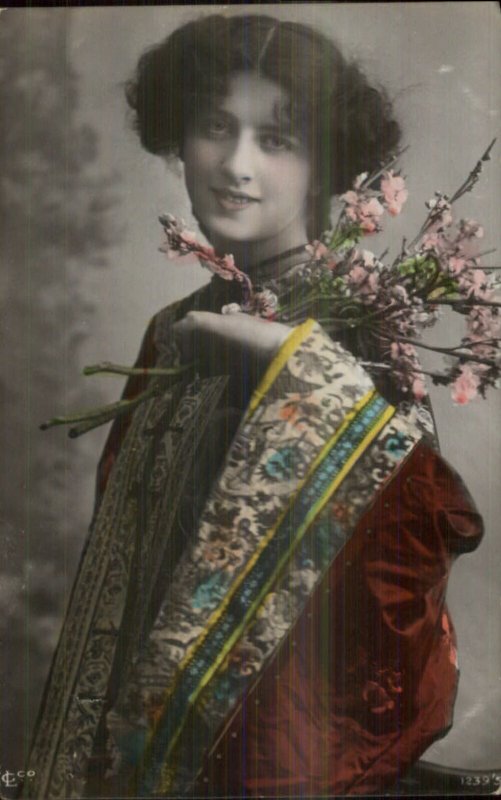 Beautiful Woman Kimono Robe & Flowers c1910 Tinted Real Photo Postcard