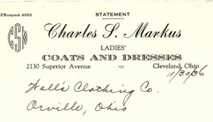 1936 CHARLES S MARKUS LADIES COATS-DRESSES CLEVELAND OH BILLHEAD STATEMENT Z1394