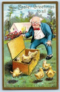 Easter Postcard Greetings Old Man And Baby Chicks In The Box Embossed c1910's