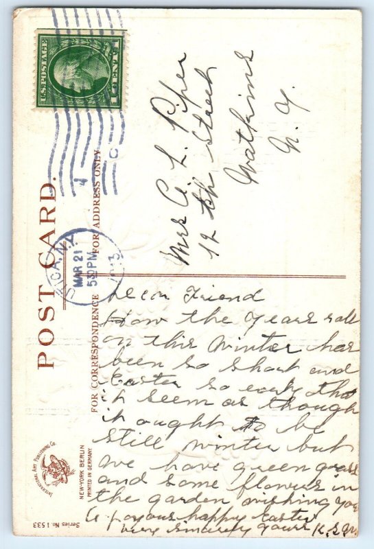1913 Easter Egg Flowers Little Chicks Embossed Clapsaddle Utica NY Postcard