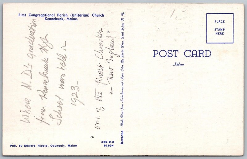 Vtg Kennebunk Maine ME First Congregational Parish Unitarian Church Postcard