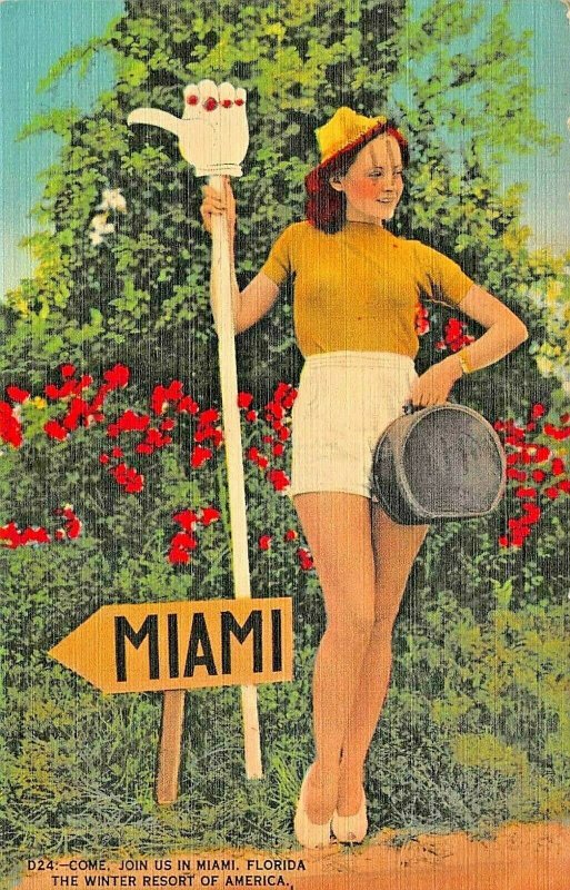 MIAMI FL~COME JOIN US-WINTER RESORT OF AMERICA-WOMAN HITCHHIKING-1949 POSTCARD