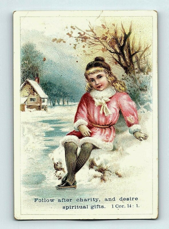 1880's-90's Victorian Religious Card Bible Quote Winter Scene Cute Girl P158