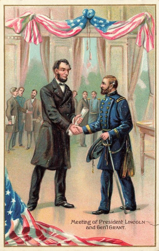 LINCOLNS BIRTHDAY-LINCOLN SHAKES HAND GENERAL GRANT~1910s EMBOSSED TUCK POSTCARD