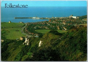 Folkestone England Panorama Green Mountain Buildings Attractions Postcard