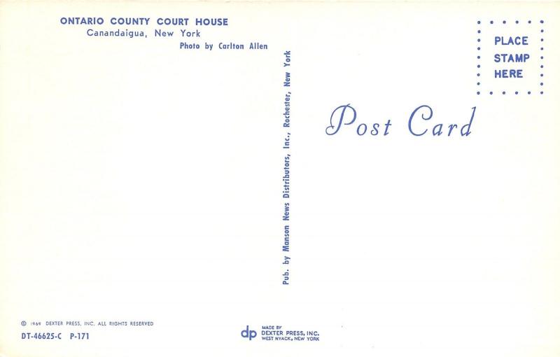 Canandaigua New York~Ontario County Court House~1969 Mansion News Postcard