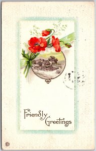 1917 Fiendly Greetings Flowers Bouquet Landscape Wishes Card Posted Postcard