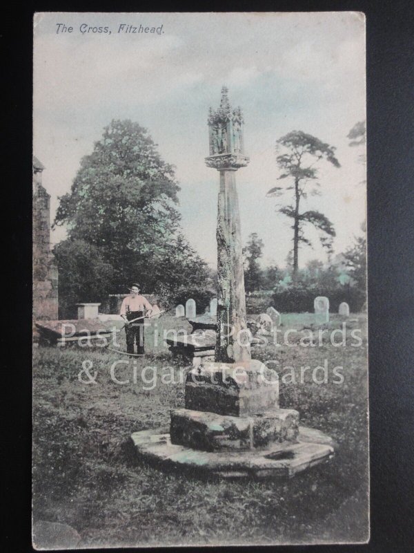 Somerset: Fitzhead, The Cross - shows John Criddle in Churchyard with SCYTHE