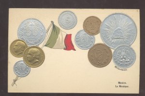 MEXICO LE MEXIQUE MONY MEXICAN FLAG COINS EMBOSSED VINTAGE OSTCARD