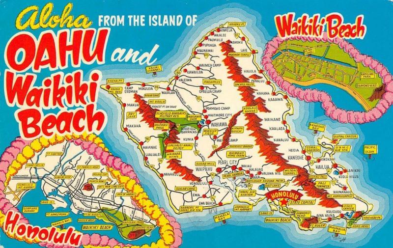 HI, Hawaii   OAHU~HONOLULU~WAIKIKI BEACH Map Card   1951 Chrome Postcard