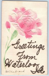 Waterloo Iowa IA Postcard Greetings Embossed Rose Airbrushed Flower 1910 Antique