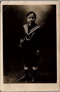 c1910 YOUNG BOY SAILOR TOP KNICKERS WITH STAFF REAL PHOTO POSTCARD 26-113