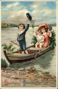 BIRTHDAY Boy and Little Girls at Row Boat Cute Kids c1910 Postcard